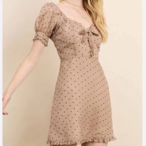 Dress Forum Taupe heart Polka Dot Tie-Front Puff Sleeve Mini Dress
